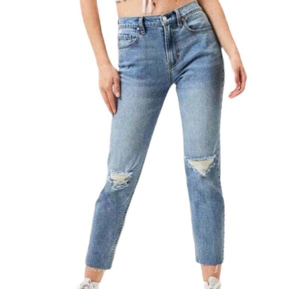 PacSun Vintage Icon Stone Light Wash Distressed Raw Hem Mom Jeans Size 22 - Picture 1 of 9
